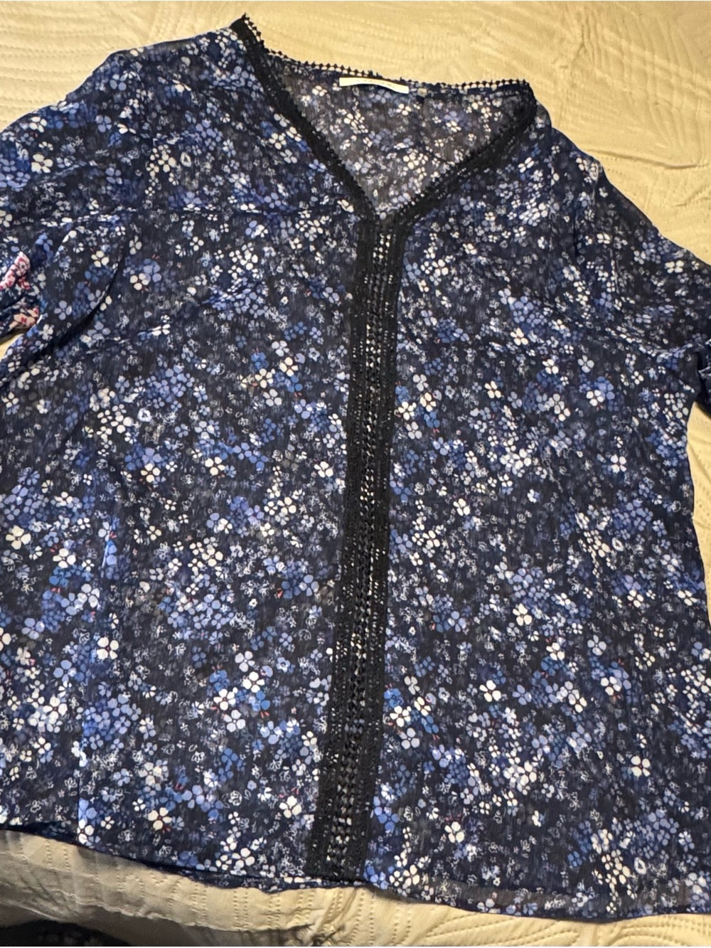 Bahari Shades of Blue Floral Open-Front Sheer Blouse with Black Lace Trim Sz L